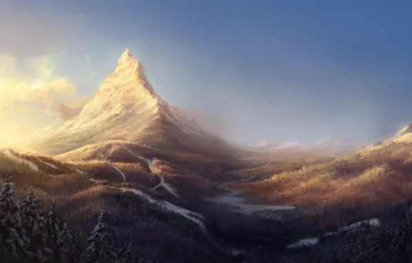 Картинка лес, снег, пейзаж, горы, арт, пик