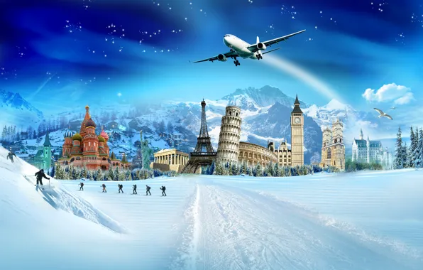 Картинка зима, снег, птицы, эйфелева башня, кремль, лыжники, колизей, ёлки, пизанская башня, букингемский дворец