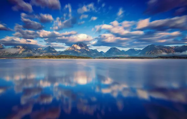 Картинка небо, вода, облака, отражения, горы, США, национальный парк, Гранд-Титон, штат Вайоминг, озеро Джексон