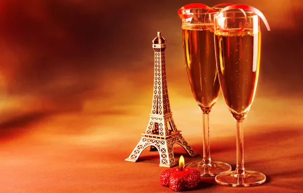Картинка настроение, праздник, сердце, свеча, бокалы, статуэтка, Эйфелева башня, шампанское, La tour Eiffel