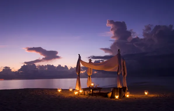 Картинка пляж, океан, вино, романтика, вечер, свечи