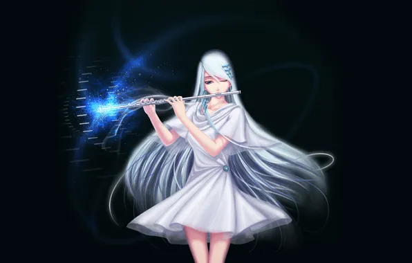 Картинка девушка, магия, флейта, белое платье, art, заколки, Darkmuleth