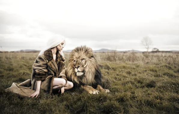 Картинка девушка, лев, зверь