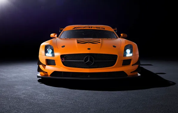 Картинка оранжевый, Mercedes-Benz, AMG, SLS, GT3, front, orange, мерседес бенц