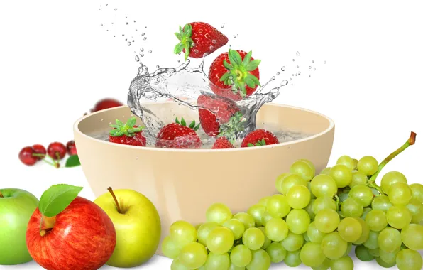 Картинка вода, брызги, яблоки, клубника, фрукты, fresh, water, grape, splash, drops, strawberry, fruits, apples