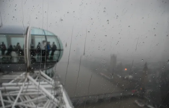 Картинка стекло, капли, city, город, люди, дождь, влага, лондон, аттракцион, london, london eye, кабинки
