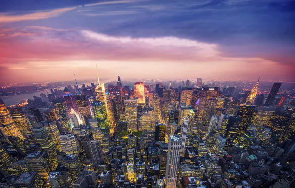Картинка закат, город, огни, Нью-Йорк, небоскребы, вечер, США, New York City