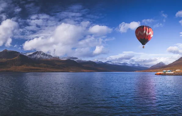 Картинка горы, воздушный шар, Исландия, Iceland, фьорд, Рейдарфьордюр, Reydarfjordur