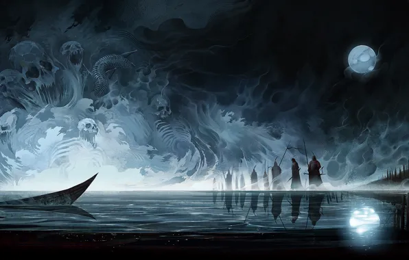 Картинка озеро, отражение, люди, луна, лодка, дух, арт, души, мрачно