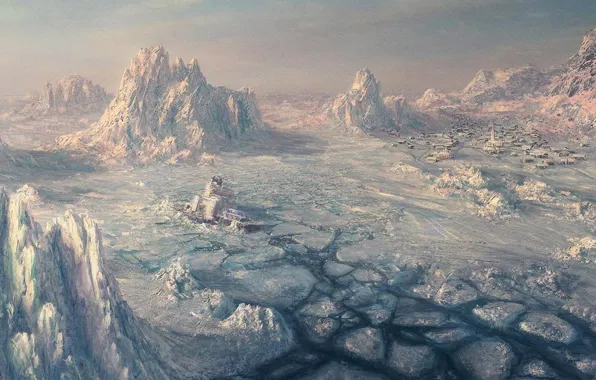 Картинка лед, снег, горы, корабль, крушение, деревня
