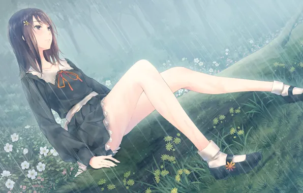 Картинка девушка, дождь, аниме, арт, flowers, upscale, sugina miki, kousaka mayuri, innocent grey