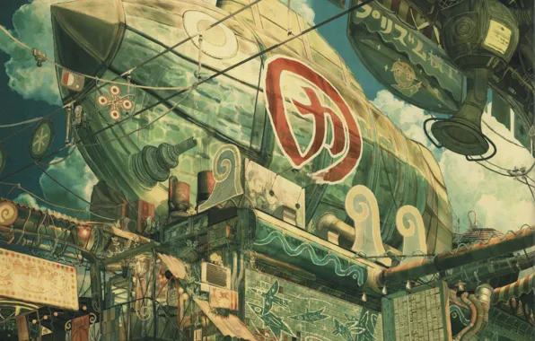 Картинка небо, станция, дирижабль, вывески, иероглиф, Art, Imperial Boy (Teikaku Shounen)