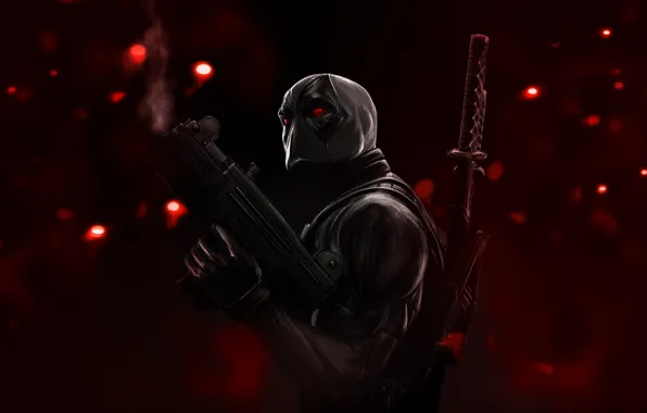 Картинка блики, оружие, катана, маска, красные глаза, красный фон, Deadpool