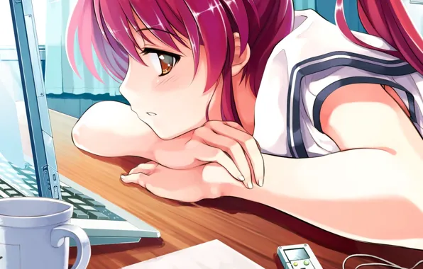 Картинка компьютер, усталость, Девушка, красные волосы