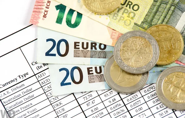 Картинка макро, деньги, евро, монеты, купюры