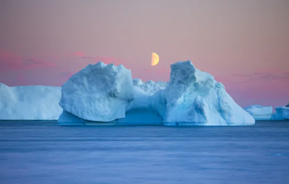Картинка moon, twilight, sea, evening, dusk, iceberg