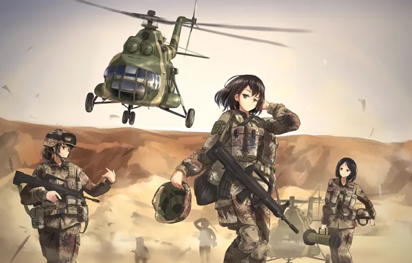 Картинка оружие, девушки, пустыня, аниме, арт, вертолет, военные, tc1995
