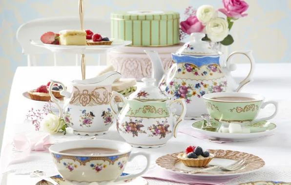 Картинка цветы, чай, пирожные, традиция, afternoon tea, послеобеденный чай