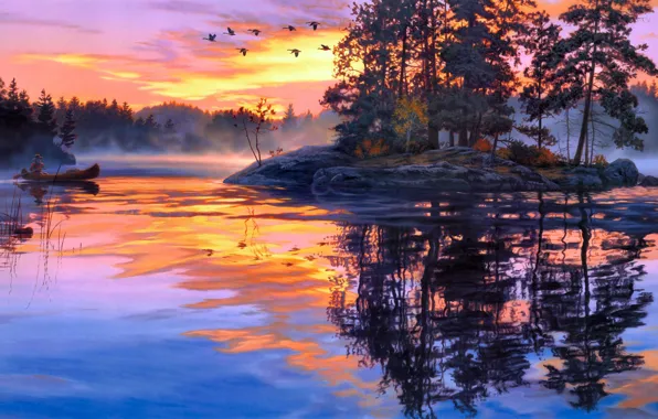 Картинка лес, туман, озеро, река, рассвет, лодка, остров, утки, утро, живопись, Darrell Bush, Lure of the …
