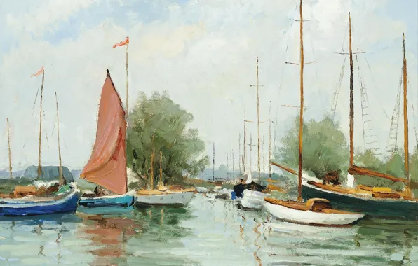 Картинка лодка, картина, парус, мачта, морской пейзаж, Марсель Диф, Морская база в Англии