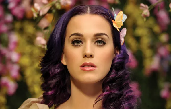 Картинка девушка, бабочки, лицо, волосы, фиолетовые, Кэти Перри, Katy Perry, певица, Wide Awake