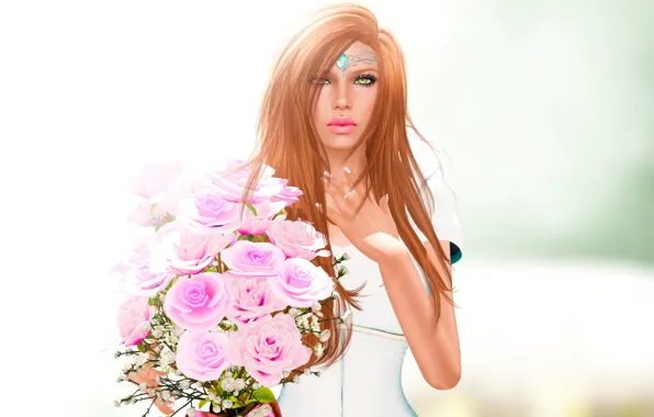 Картинка взгляд, девушка, цветы, лицо, рендеринг, волосы