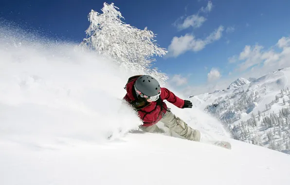 Картинка зима, девушка, снег, горы, сноуборд, спуск, шлем, адреналин