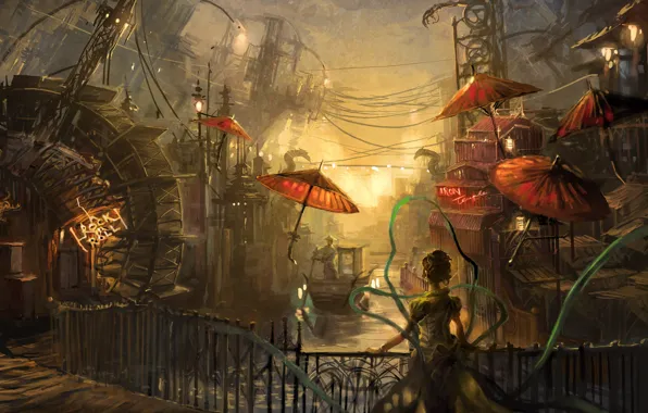 Картинка мост, провода, женщина, канал, зонты, Краски, гандольер, водяная мельница, китайский квартал