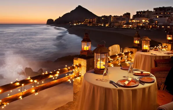 Картинка берег, вечер, ресторан, Beach, ужин, Candlelight, Dinner