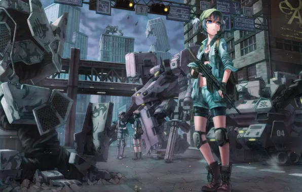 Картинка цветок, девушка, оружие, здания, роботы, гильзы, touhou, kawashiro nitori