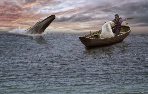 Картинка океан, лодка, ситуация, мальчик, кит, белый медведь