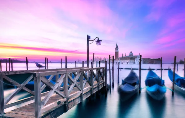 Картинка море, небо, облака, остров, чайка, причал, Италия, Венеция, мостик, Italy, гондолы, Venice, Venezia, San Giorgio …