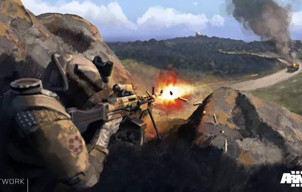 Картинка солдат, выстрелы, пулемёт, artwork, DLC Marksmen, ArmA 3