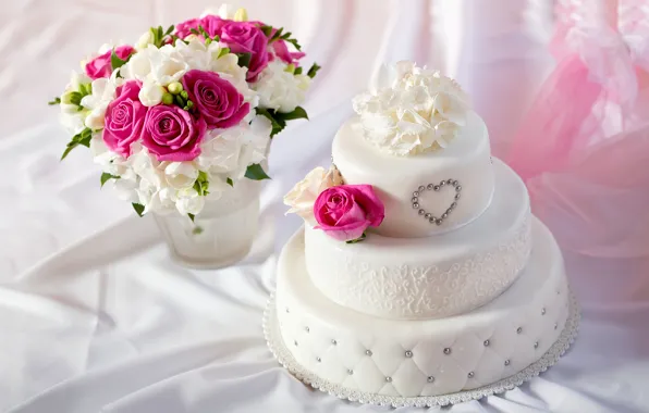 Картинка белый, цветы, сердце, розы, торт, фрезия, свадебный