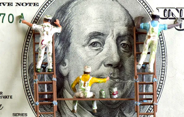 Картинка деньги, юмор, доллар, рабочие, лестницы, купюра, Франклин, раскрашивание
