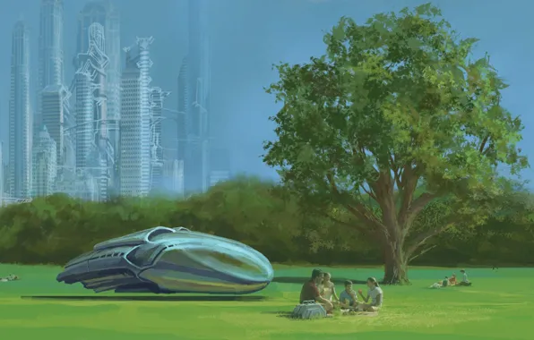 Картинка будущее, дерево, транспорт, корабль, семья, арт, пикник, мегаполис
