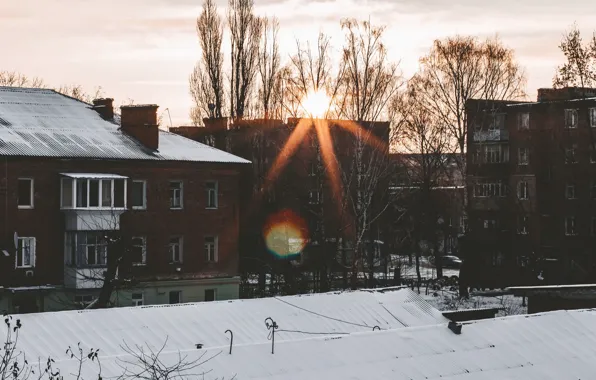 Картинка солнце, свет, оранжевый, город, рассвет, дома, утро, новый день