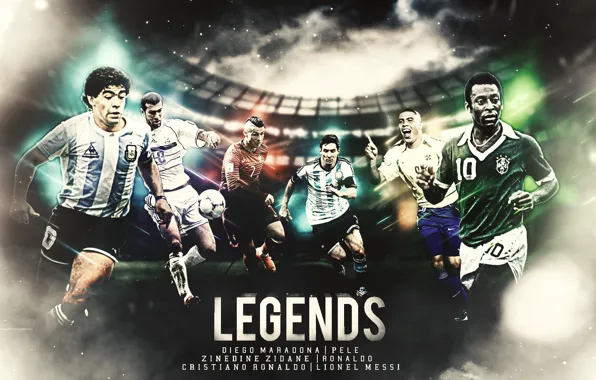 Картинка wallpaper, sport, Cristiano Ronaldo, football, Lionel Messi, legends, Ronaldo, Zinedine Zidane, players, Pele, Diego Maradona
