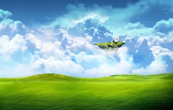 Картинка зелень, поле, небо, трава, облака, фантастика, земля
