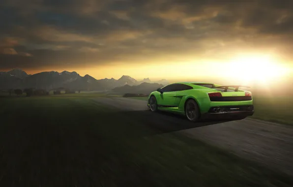 Картинка Lamborghini, Superleggera, Gallardo, Green, Speed, LP 570-4, Sunset, Road, Rear