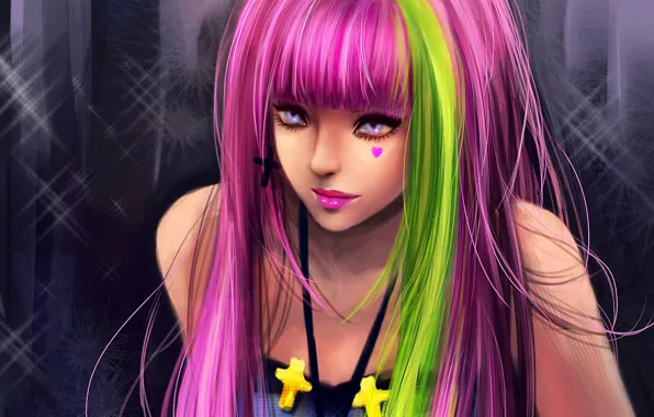 Картинка девушка, крест, арт, зеленая, сердечко, розовые волосы, прядь, RikaMello
