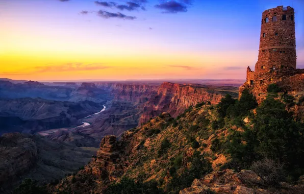 Картинка пустыня, Аризона, США, сумерки, река Колорадо, Национальный парк Гранд-каньон, сторожевая башня