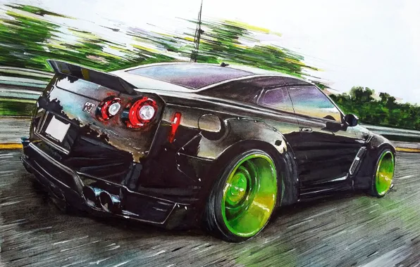 Картинка скорость, Nissan, GT-R, диски, Art, зелёные, Liberty Walk