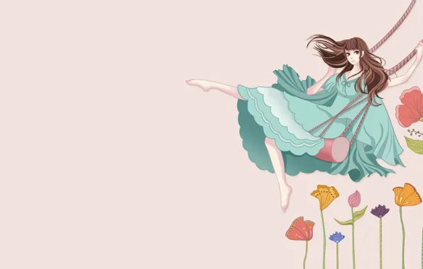 Картинка девушка, цветы, качели, аниме, арт