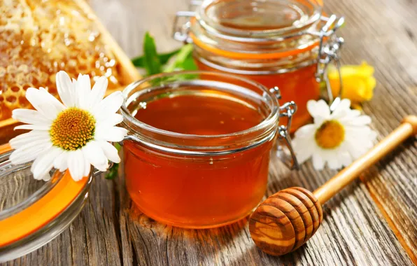 Картинка цветы, ромашки, мед, баночки, ложка, мёд
