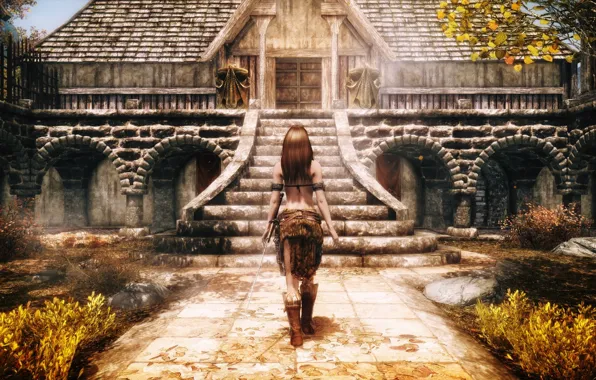 Картинка дорога, трава, девушка, дом, The Elder Scrolls V Skyrim