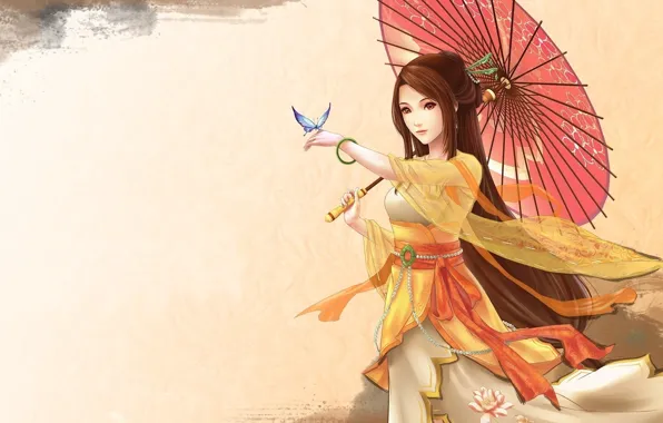 Картинка девушка, зонтик, бабочка, аниме, арт, лотос