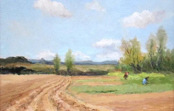 Картинка поле, пейзаж, горы, картина, Марсель Диф, Field Labouring