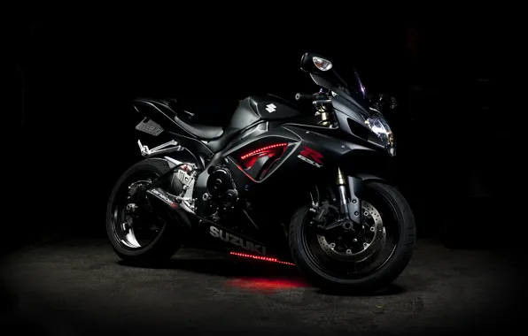 Картинка чёрный, неон, мотоцикл, Suzuki, black, bike, сузуки, GSX-R 750