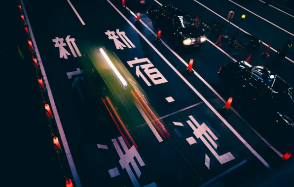 Картинка дорога, машина, ночь, огни, япония, скорость, иероглифы, japan
